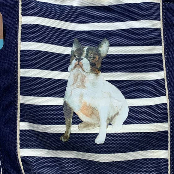 Hand Printed Upcycled Boston Terrier Striped Cotton Canvas Lands End Tote Bag - Picture 2 of 5